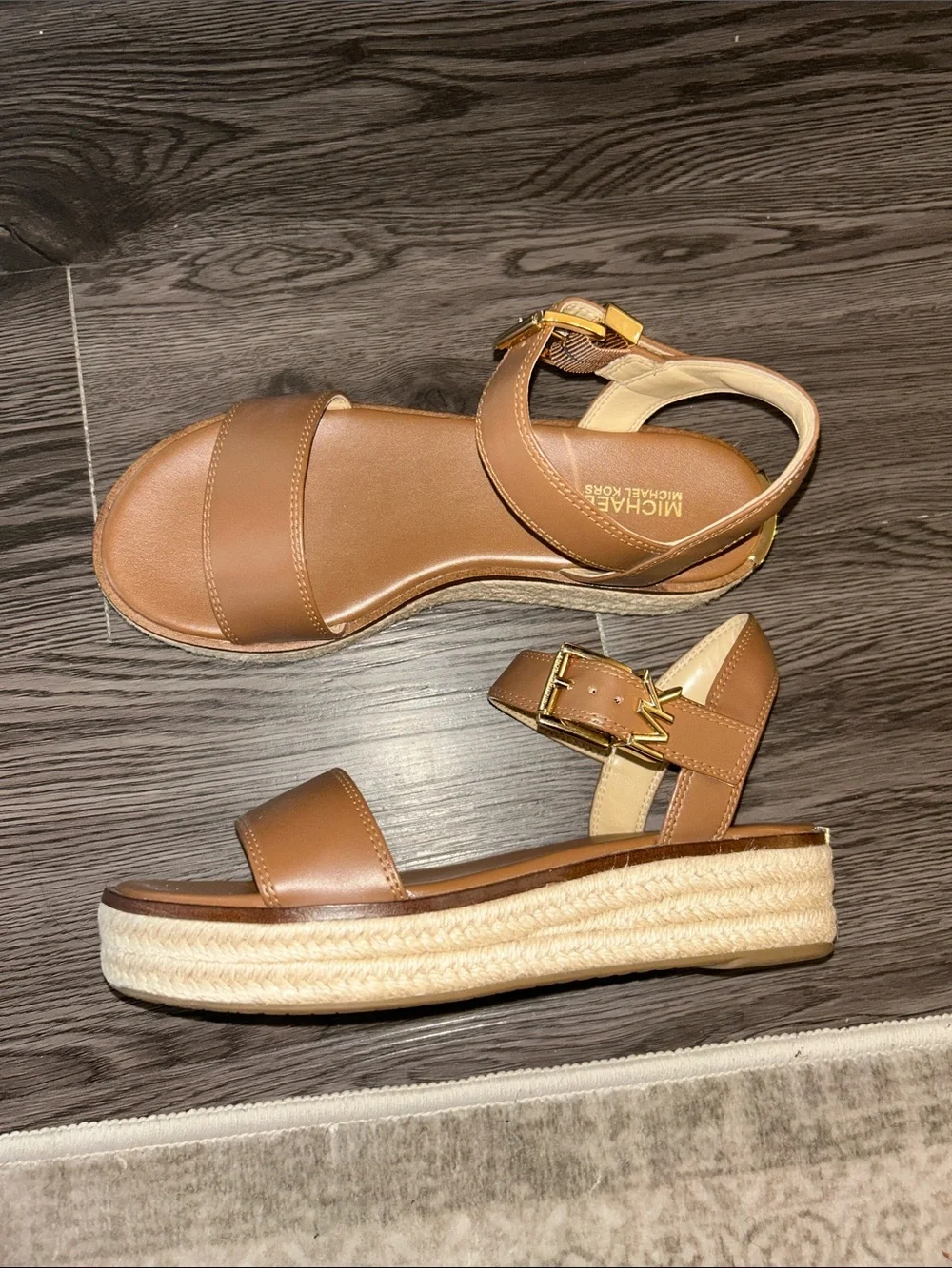 NWOT Michael Kors Luggage Brown Leather Platform Espadrille Sandal